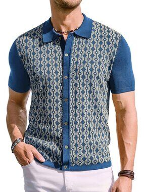 Men's Blue 70s Vintage Contrast Polo Short Sleeve Retro Knitwear Shirt